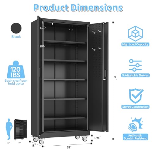Garage Storage Cabinet with Wheels, 72" H, 2 Doors, 4 Adjustable Shelves, Black Q104