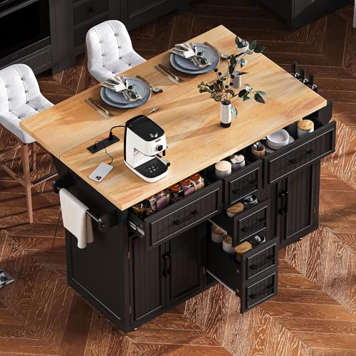 Kitchen Island Cart with Drop Leaf, Power Outlet, and 5 Storage Shelves Z644898