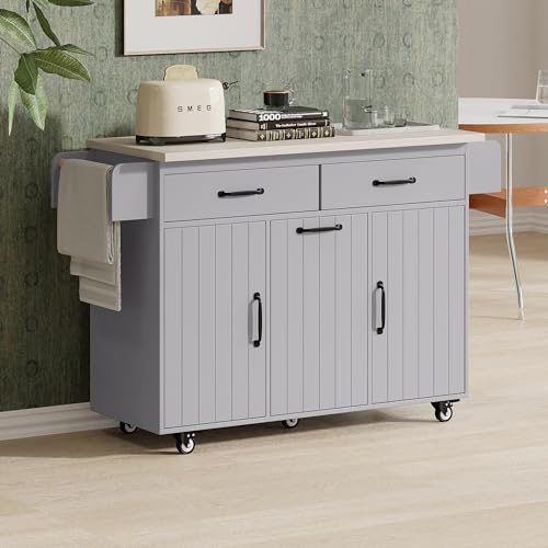 Farmhouse Kitchen Island with Drop Leaf, Barn Door and Wheels O34026