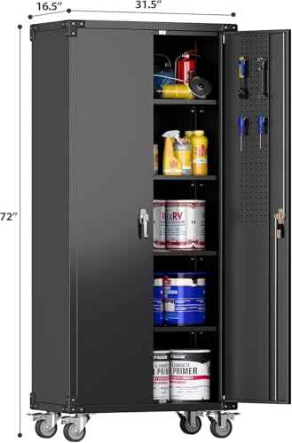 Garage Storage Cabinet with Wheels, 72" H, 2 Doors, 4 Adjustable Shelves, Black Q104