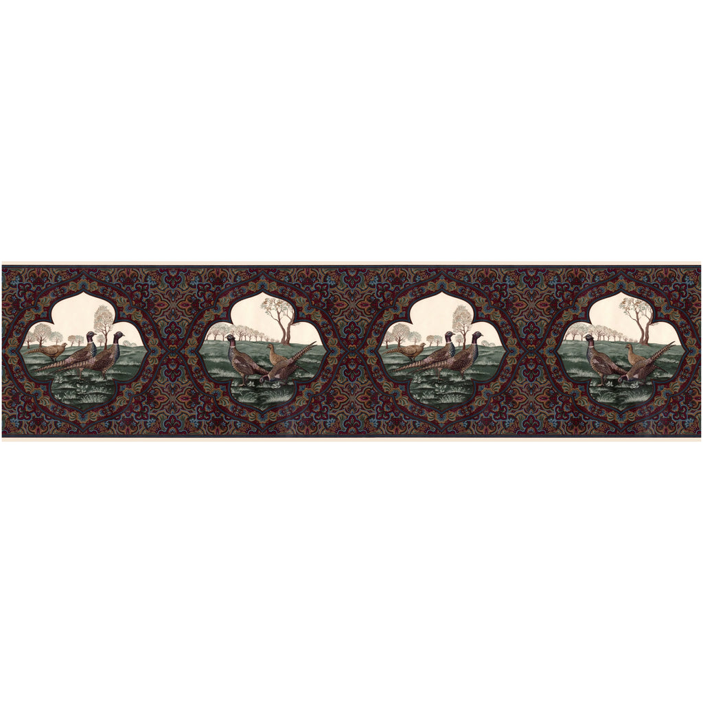 Vintage Paisley Pheasants Wallpaper Border, Dark Burgundy, 15 ft L x 10.25 in W E280