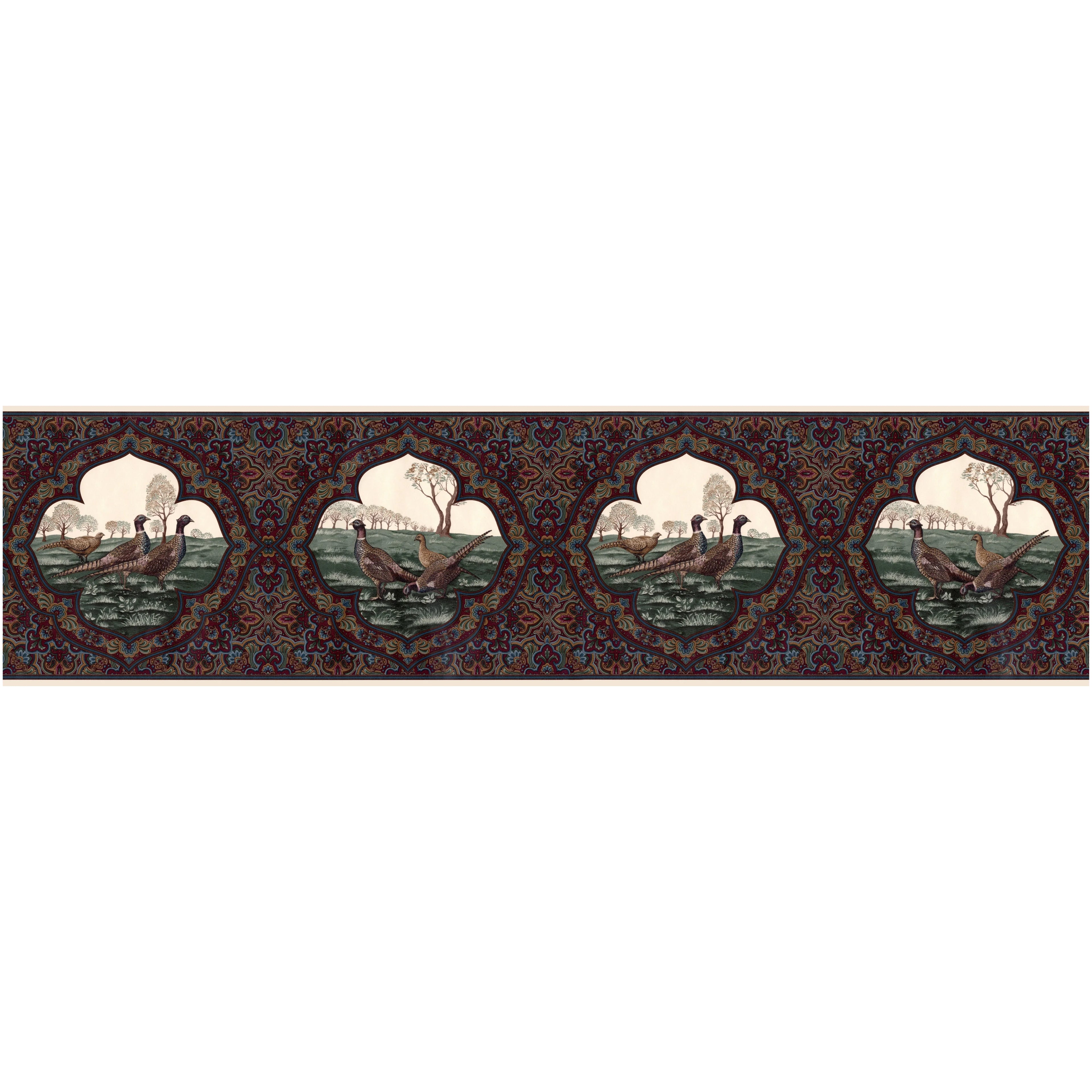 Vintage Paisley Pheasants Wallpaper Border, Dark Burgundy, 15 ft L x 10.25 in W E280