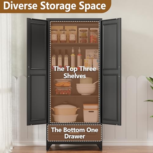 Tall Kitchen Storage Cabinet with Doors and Adjustable Shelves, Black Freestanding Cupboard X34021
