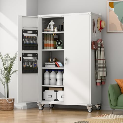 Metal Storage Cabinet with Wheels, 73" H, Locking Doors and Adjustable Shelves C8462