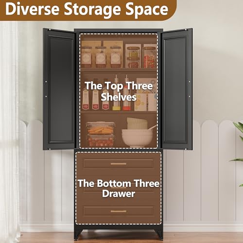 Tall Kitchen Storage Cabinet with Doors and Adjustable Shelves, Black Freestanding Cupboard X34021