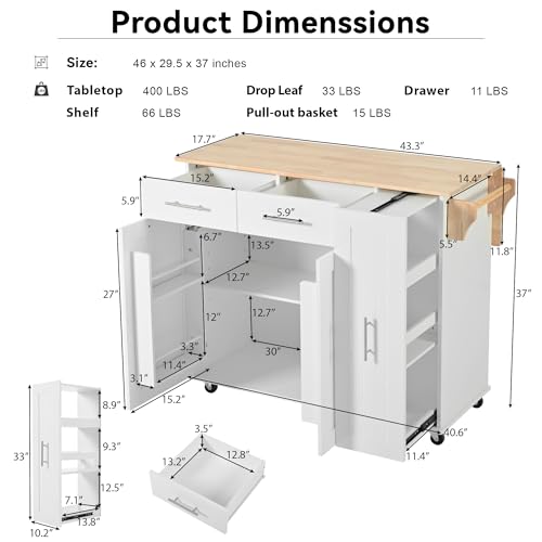 Large Kitchen Island with Drop Leaf, Rolling Cart, Power Outlet R822