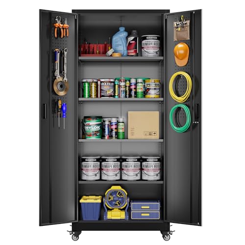 Garage Storage Cabinet with Wheels, 72" H, 2 Doors, 4 Adjustable Shelves, Black Q104
