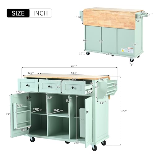 Large Kitchen Island with Drop Leaf, Rolling Cart, Power Outlet R822