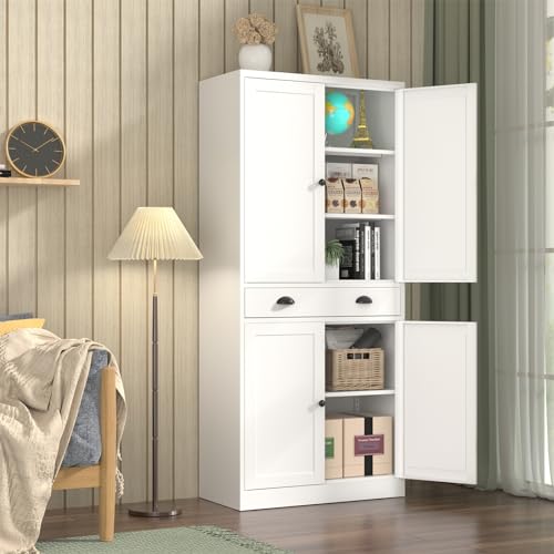 Tall Kitchen Storage Cabinet with Doors and Adjustable Shelves, Black Freestanding Cupboard X34021