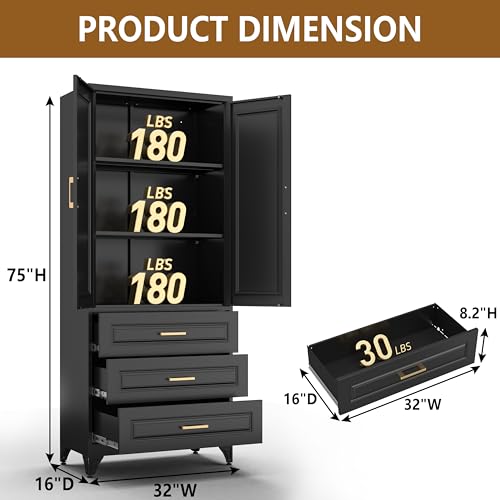 Tall Kitchen Storage Cabinet with Doors and Adjustable Shelves, Black Freestanding Cupboard X34021