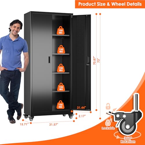 Metal Storage Cabinet with Wheels, 73" H, Locking Doors and Adjustable Shelves C8462