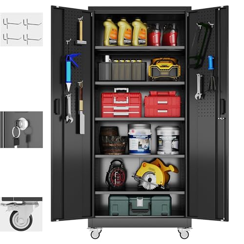 Garage Storage Cabinet with Wheels, 72" H, 2 Doors, 4 Adjustable Shelves, Black Q104