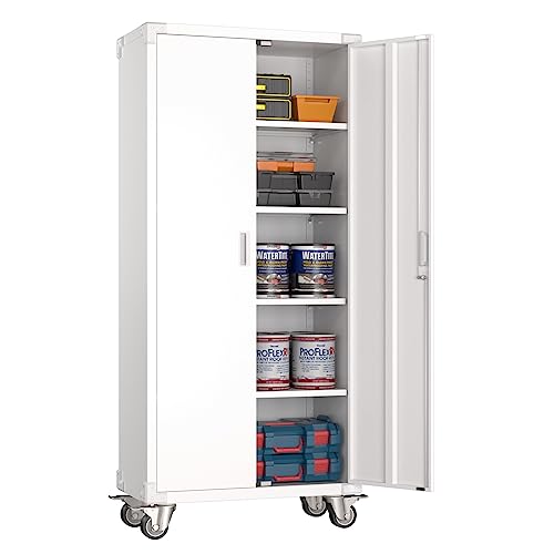 Garage Storage Cabinet with Wheels, 72" H, 2 Doors, 4 Adjustable Shelves, Black Q104