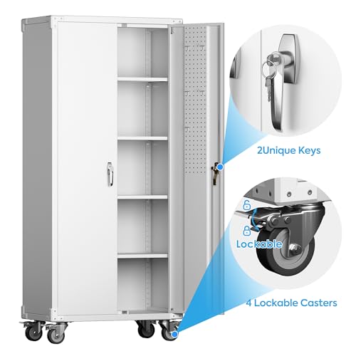 Metal Storage Cabinet with Wheels, 73" H, Locking Doors and Adjustable Shelves C8462