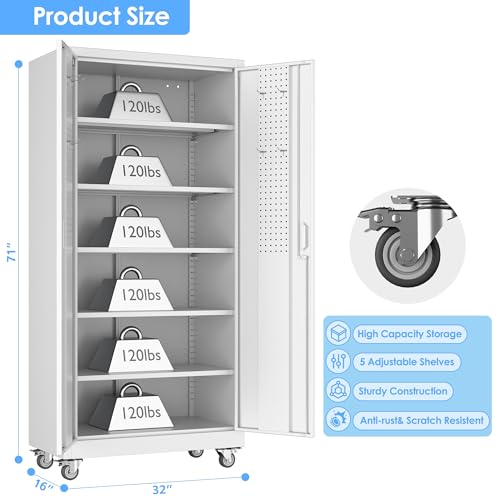 Garage Storage Cabinet with Wheels, 72" H, 2 Doors, 4 Adjustable Shelves, Black Q104