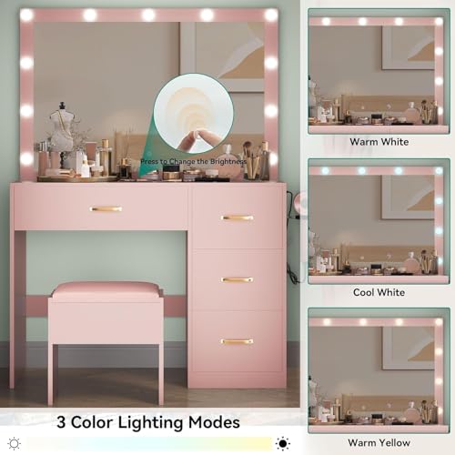 Vanity Desk Set with LED Mirror, Makeup Table with Drawers and Stool D406695