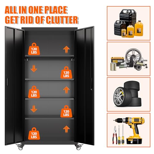 Metal Storage Cabinet with Wheels, 73" H, Locking Doors and Adjustable Shelves C8462