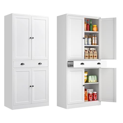 Tall Kitchen Storage Cabinet with Doors and Adjustable Shelves, Black Freestanding Cupboard X34021