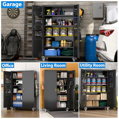 Garage Storage Cabinet with Wheels, 72" H, 2 Doors, 4 Adjustable Shelves, Black Q104