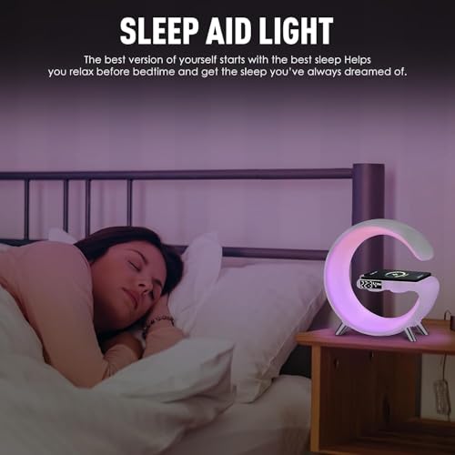 Smart LED Table Lamp with Wireless Charger, Alarm Clock, and Bluetooth Speaker J618863