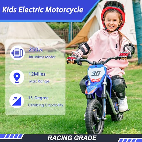 Electric Dirt Bike for Kids Aged 4-8, 350W Brushless Motor, 14'' Off-Road Tires, Blue J66927