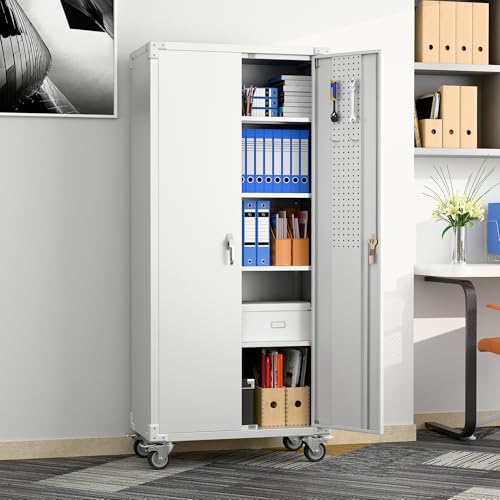 Metal Storage Cabinet with Wheels, 73" H, Locking Doors and Adjustable Shelves C8462