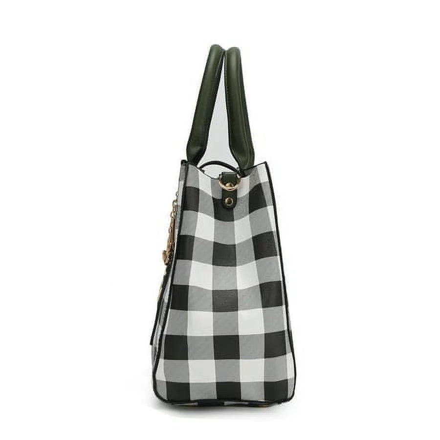 Vegan Leather Checkered Satchel Bag with Wallet 2 Piece Set Y922069