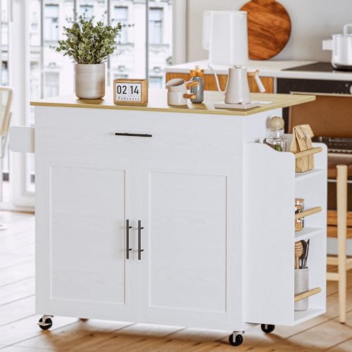 Kitchen Island with Storage, Rolling Cart with Drop Leaf and Charging Station H744