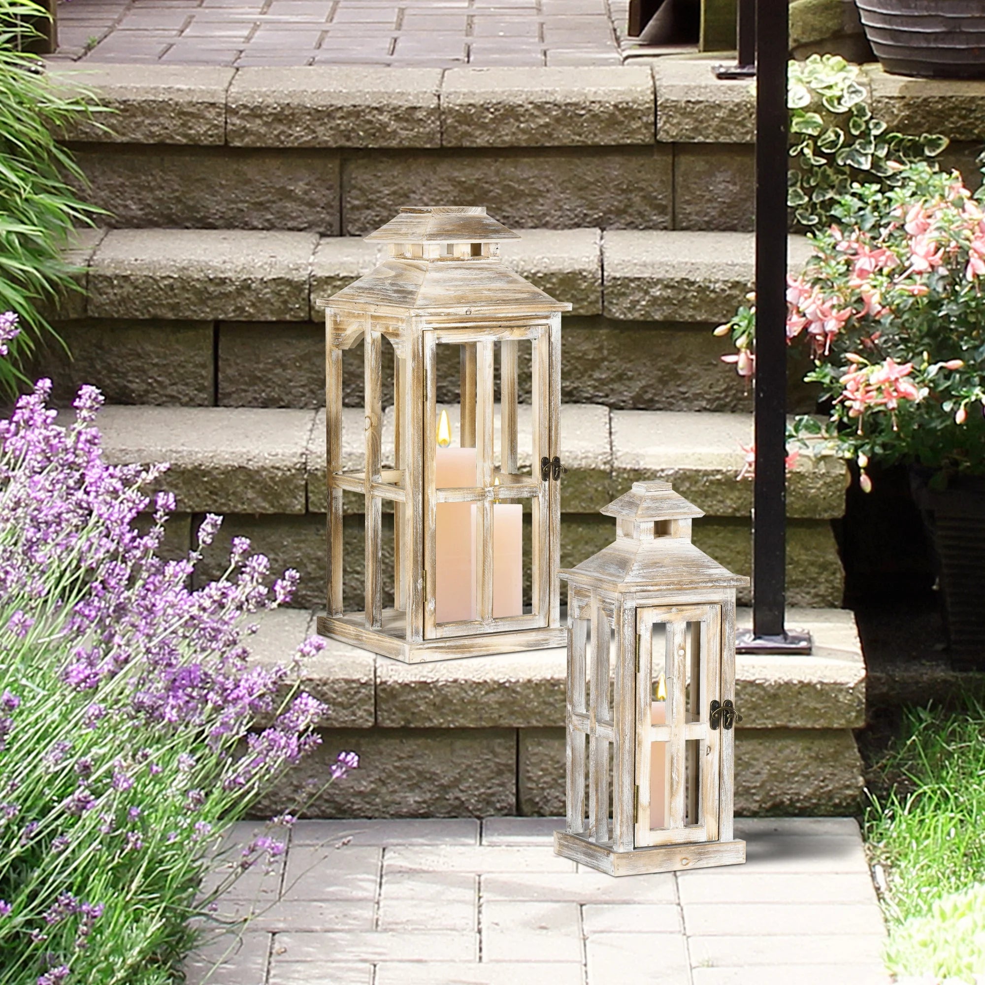 Rustic Wooden Lantern 2-Pack for Indoor Outdoor Decor F28564