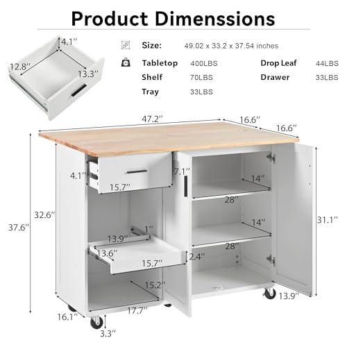 Large Kitchen Island with Drop Leaf, Rolling Cart, Power Outlet R822