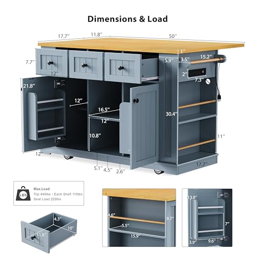 Large Kitchen Island with Drop Leaf, Rolling Cart, Power Outlet R822