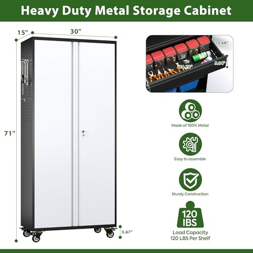 Garage Storage Cabinet with Wheels, 72" H, 2 Doors, 4 Adjustable Shelves, Black Q104