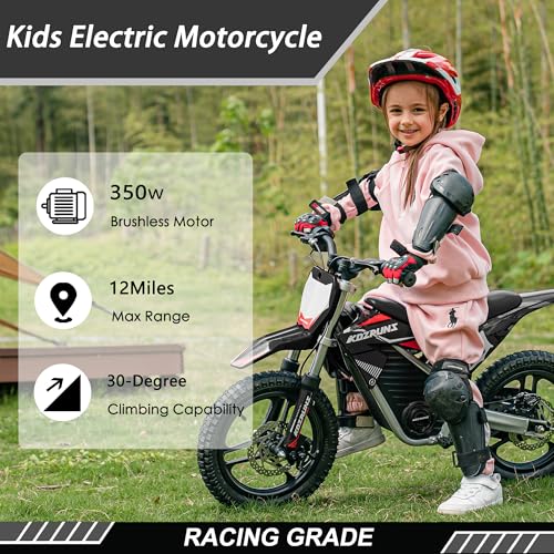 Electric Dirt Bike for Kids Aged 4-8, 350W Brushless Motor, 14'' Off-Road Tires, Blue J66927