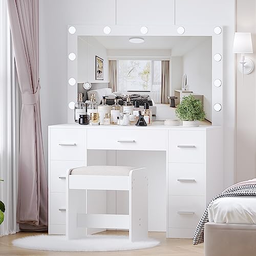 Vanity Desk with Stool, Lighted Mirror, 3 Color Modes, Adjustable Brightness, Drawers, White S703720