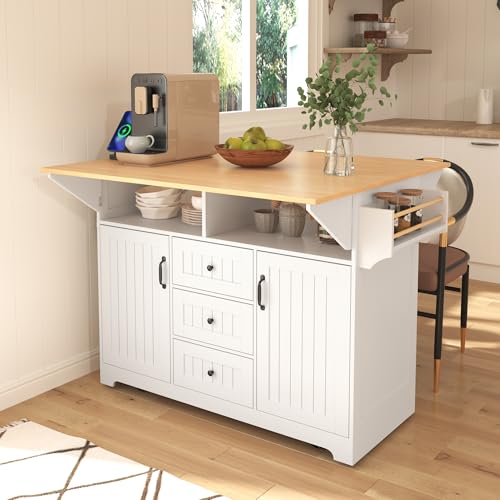Large Kitchen Island with Drop Leaf, Rolling Cart, Power Outlet R822