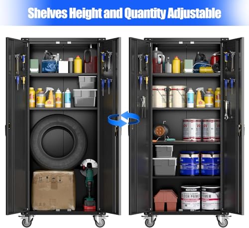 Garage Storage Cabinet with Wheels, 72" H, 2 Doors, 4 Adjustable Shelves, Black Q104
