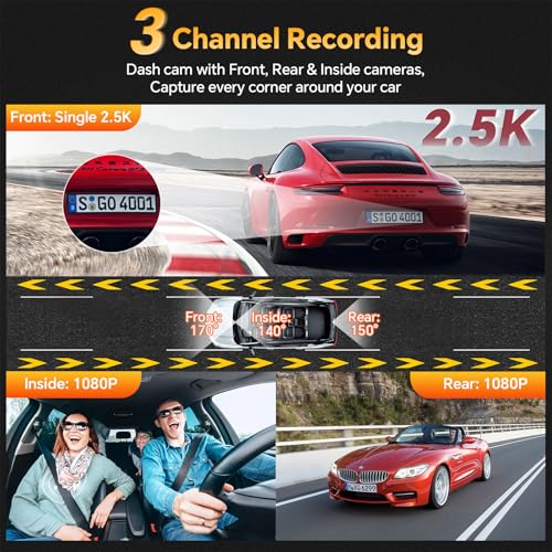 3 Channel Dash Cam Front Rear Inside, 2.5K WiFi, 64GB Card, IR Night Vision B335696