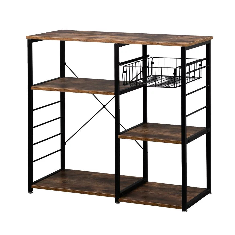 Vintage Kitchen Baker's Rack Microwave Stand Coffee Bar Table with Storage Shelf, Basket & Hooks, Rustic Brown S5409