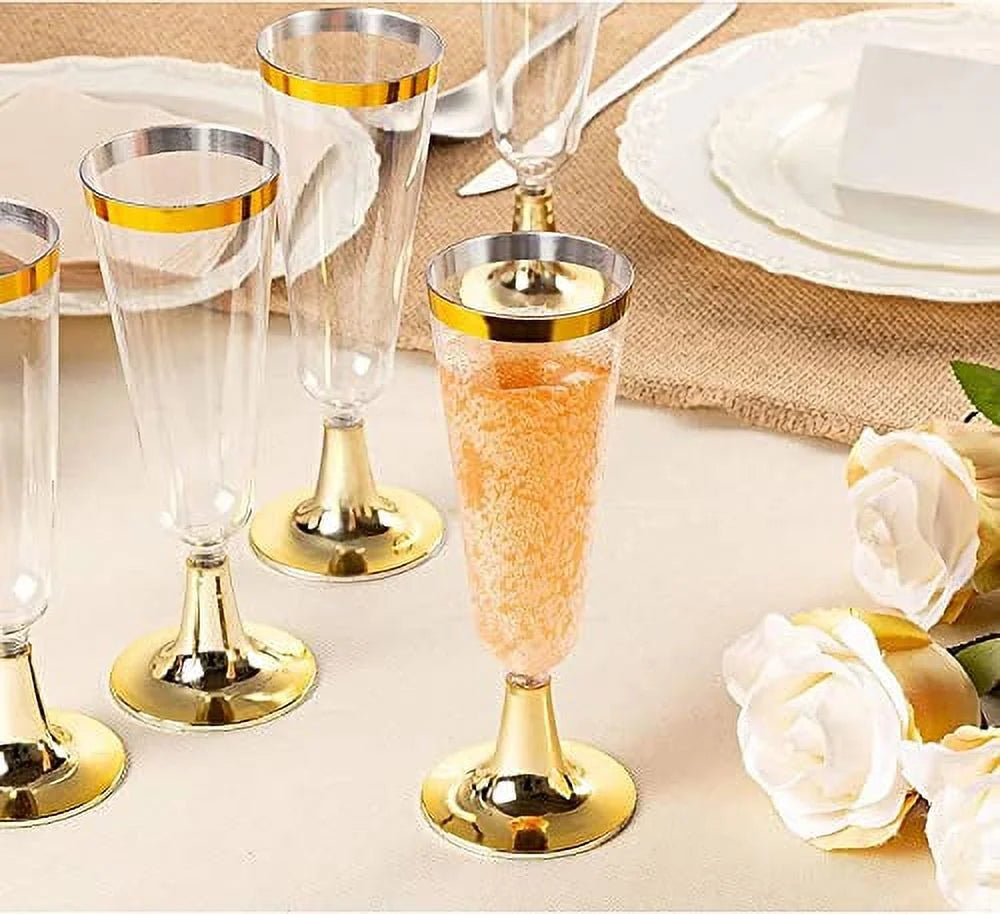 30 Pcs Plastic Champagne Flutes, 150ml Gold Stemmed Party Cups H521349
