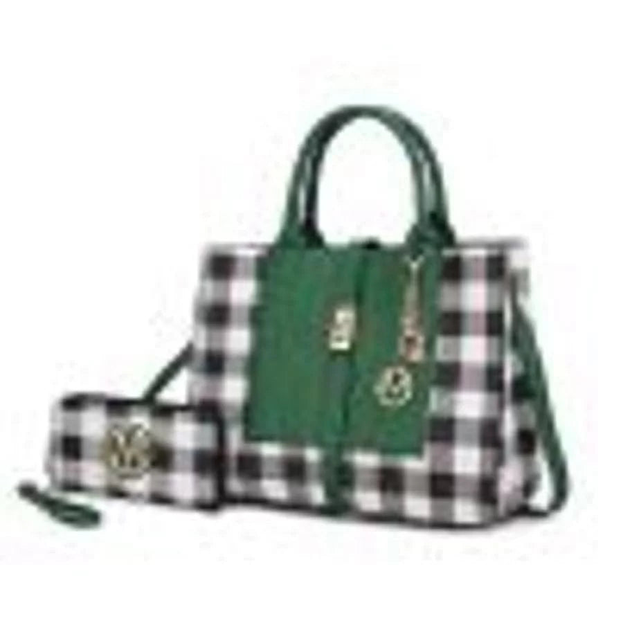 Vegan Leather Checkered Satchel Bag with Wallet 2 Piece Set Y922069