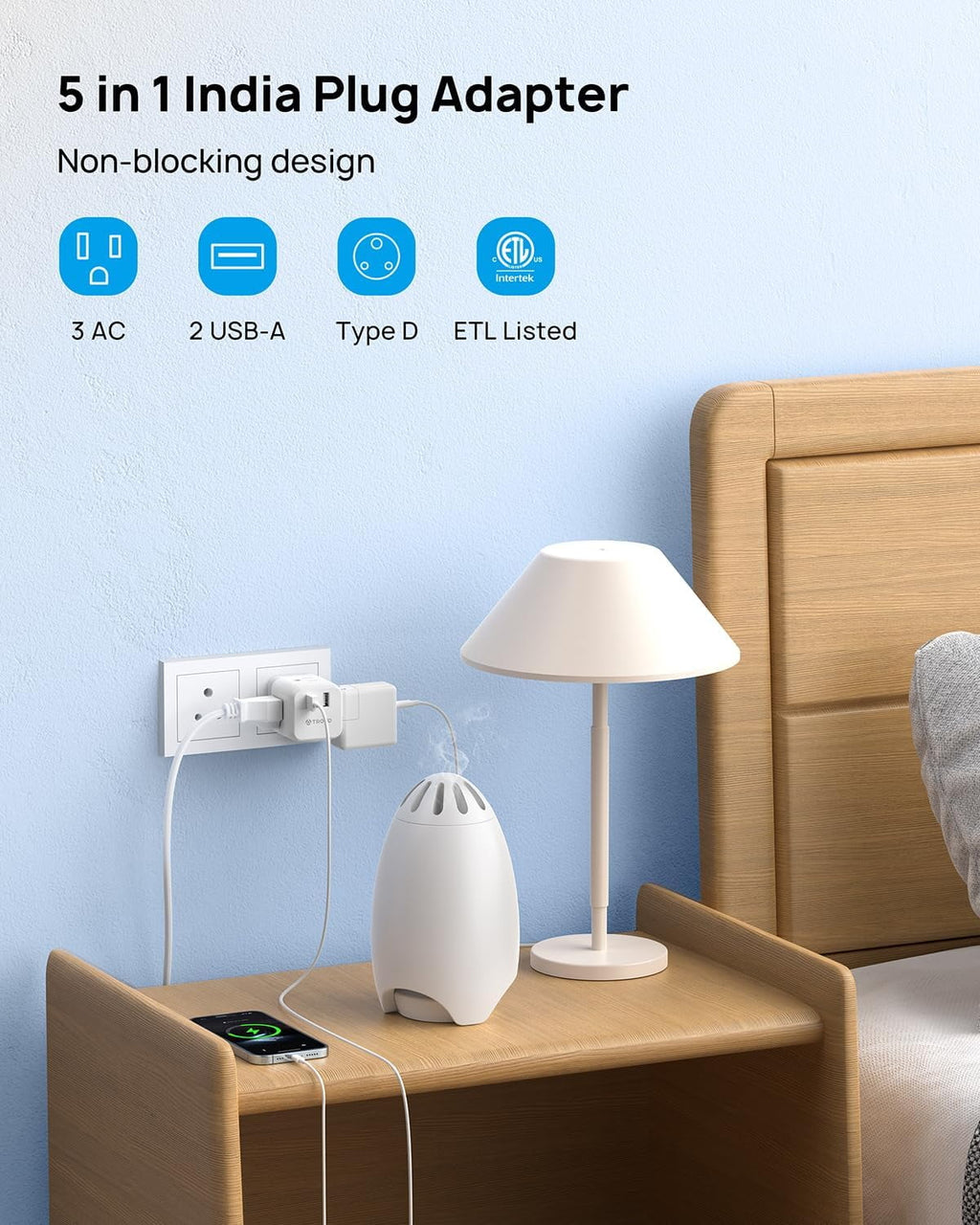 US to India Plug Adapter with 2 USB Ports and 3 Outlets C86770