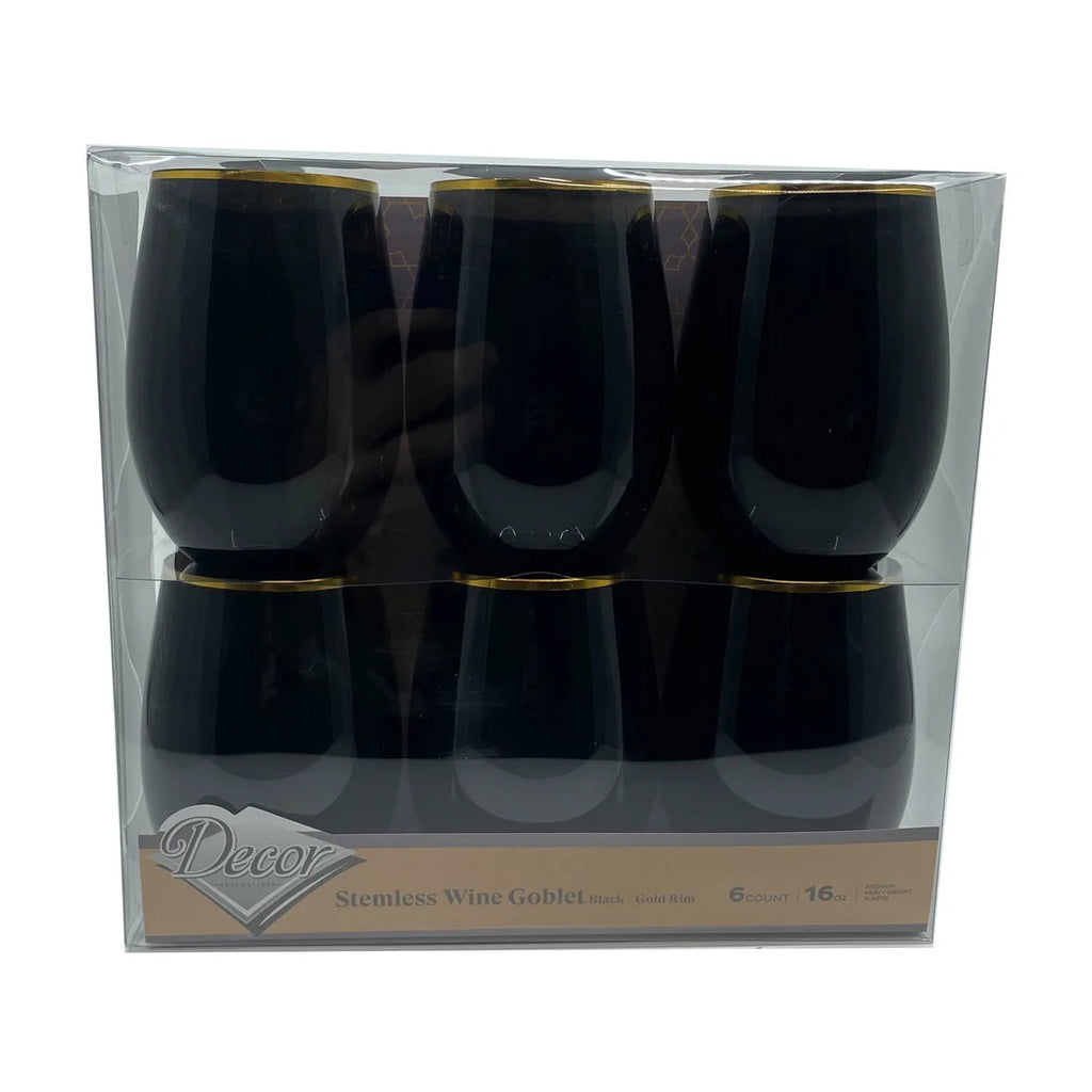 Stemless Plastic Wine Goblet 16 oz Black / Gold Rim, Pack of 48 X661096