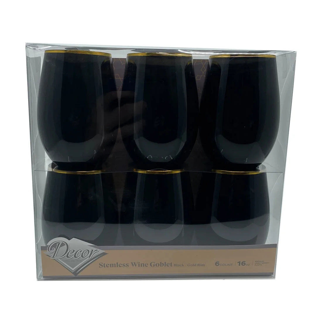Stemless Plastic Wine Goblet 16 oz Black / Gold Rim, Pack of 48 X661096