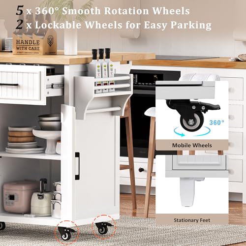 Kitchen Island Cart with Drop Leaf, Power Outlet, and 5 Storage Shelves Z644898