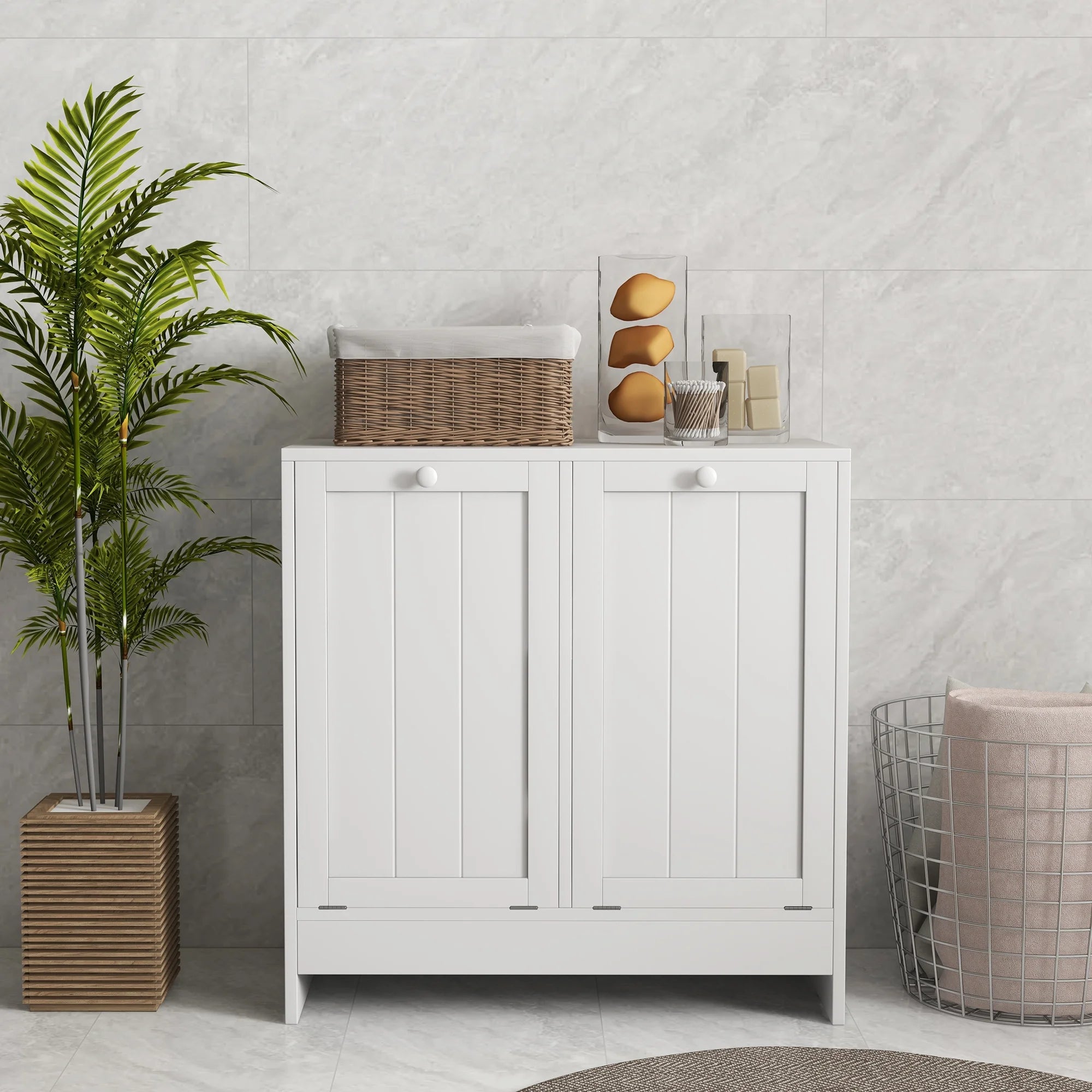 Tilt-out Laundry Storage Cabinet with 2 Hamper Compartments, White K817002