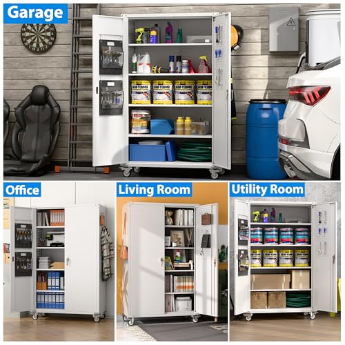 Garage Storage Cabinet with Wheels, 72" H, 2 Doors, 4 Adjustable Shelves, Black Q104