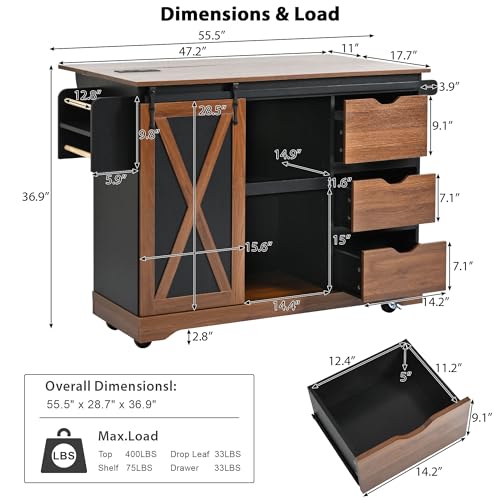 Farmhouse Kitchen Island with Drop Leaf, Barn Door and Wheels O34026