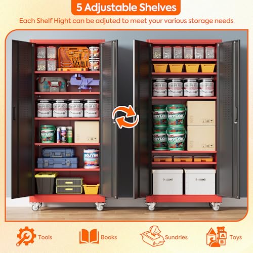 Metal Storage Cabinet with Wheels, 73" H, Locking Doors and Adjustable Shelves C8462