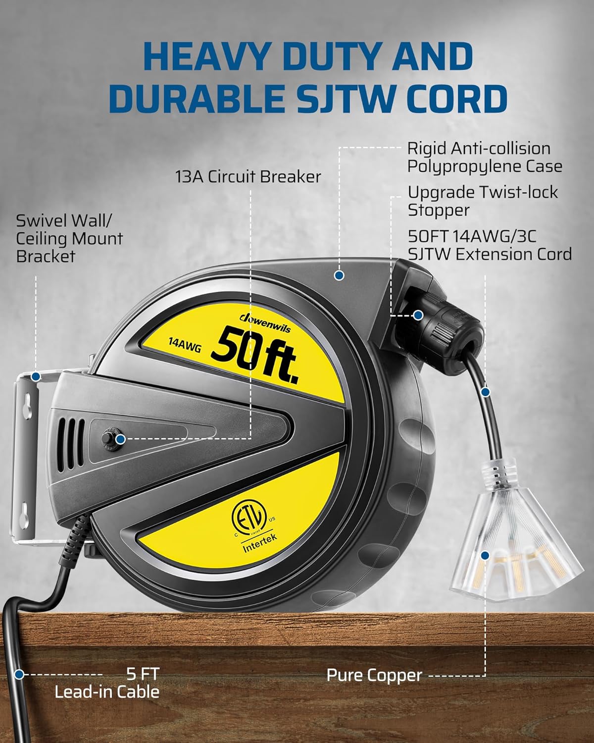 Extension Cord Reel, 50FT Heavy Duty Power Cord, Retractable, 13 Amp Circuit Breaker W4915