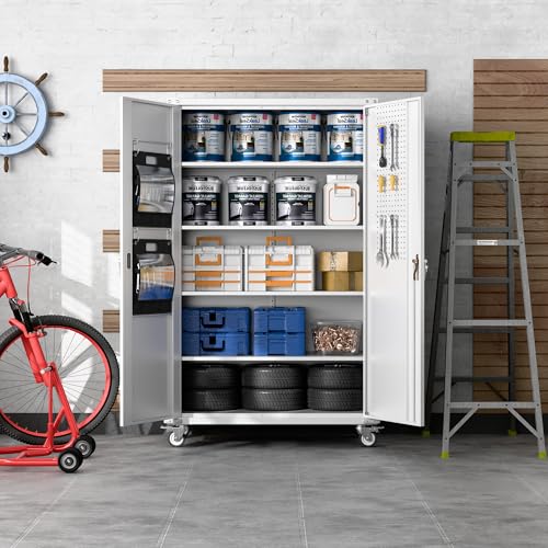 Metal Storage Cabinet with Wheels, 73" H, Locking Doors and Adjustable Shelves C8462